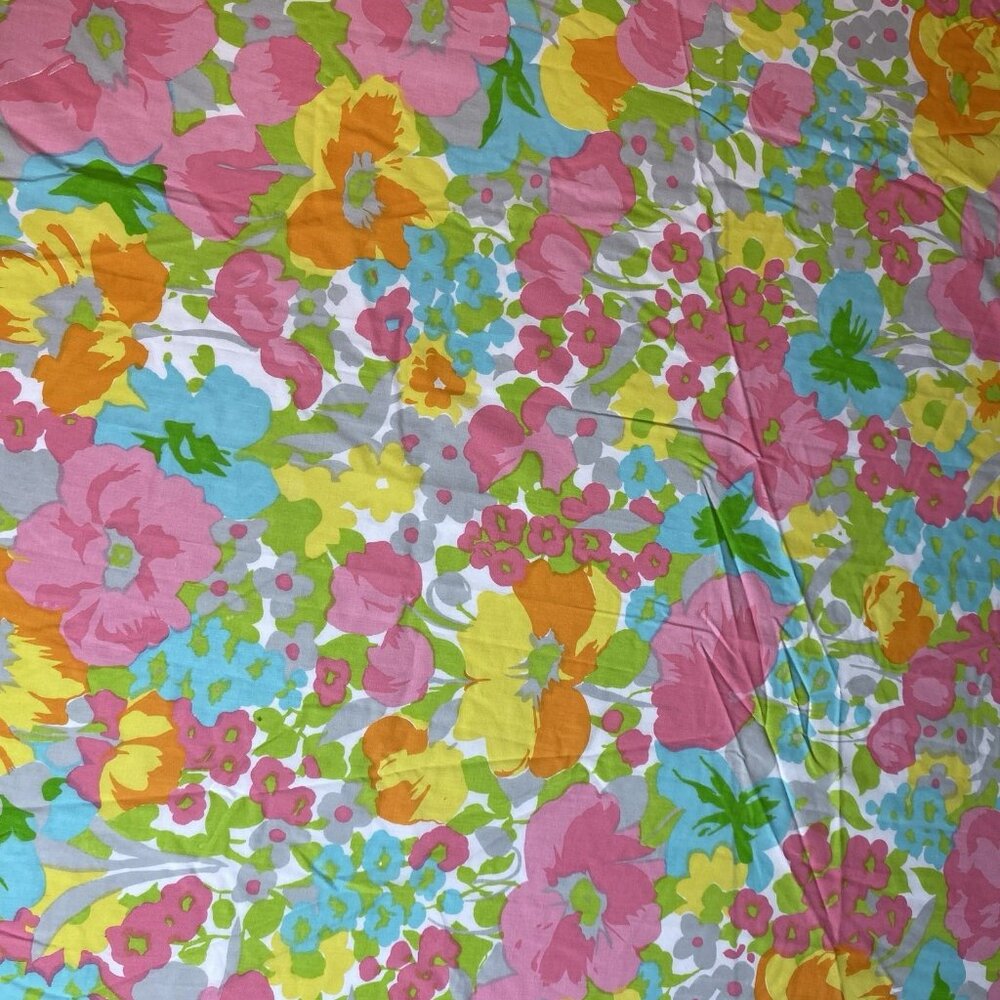 Vtg Burlington House Fitted Sheet Double Bright Marimekko Floral Mod